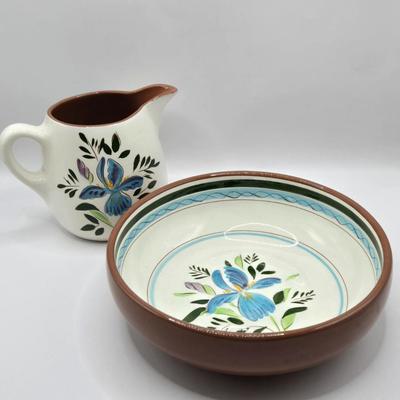 LOT 113K: Vintage Stangl Redware Bowl and Pitcher Hand Painted “Country Garden” Iris