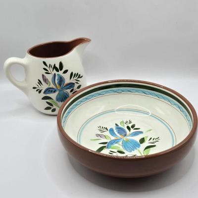 LOT 113K: Vintage Stangl Redware Bowl and Pitcher Hand Painted “Country Garden” Iris
