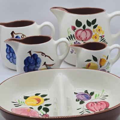 LOT 115K: Stangl Fruit and Flowers Pitchers and Divided Serving Bowl & 2 Fruit Pitchers