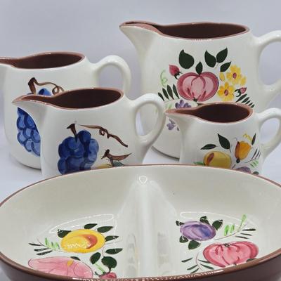 LOT 115K: Stangl Fruit and Flowers Pitchers and Divided Serving Bowl & 2 Fruit Pitchers