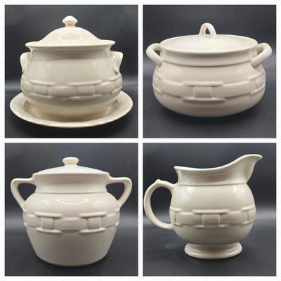 LOT 119K: Longaberger Pottery Soup Terrine, 2 Crocks, and Pitcher