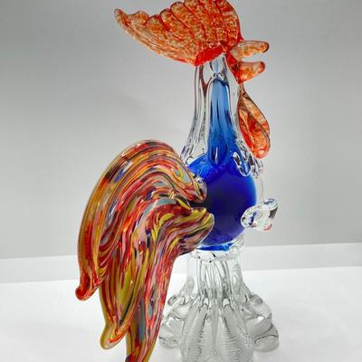 LOT 123K: Vintage Murano Art Glass Large Rooster 11” Orange, Blue, Yellow & Teal Italy