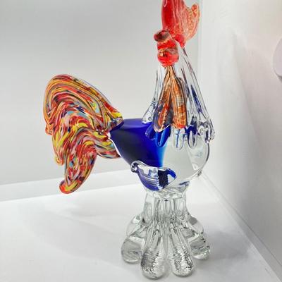LOT 123K: Vintage Murano Art Glass Large Rooster 11” Orange, Blue, Yellow & Teal Italy