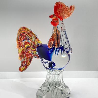LOT 123K: Vintage Murano Art Glass Large Rooster 11” Orange, Blue, Yellow & Teal Italy