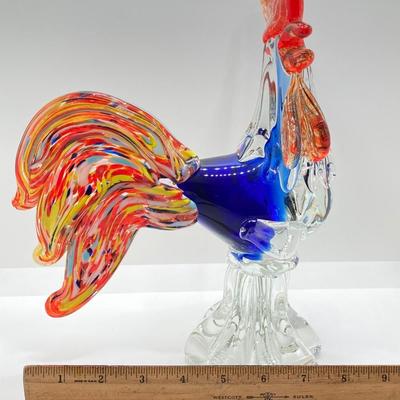 LOT 123K: Vintage Murano Art Glass Large Rooster 11” Orange, Blue, Yellow & Teal Italy