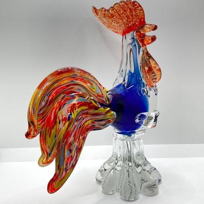 LOT 123K: Vintage Murano Art Glass Large Rooster 11” Orange, Blue, Yellow & Teal Italy