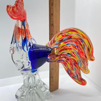 LOT 123K: Vintage Murano Art Glass Large Rooster 11” Orange, Blue, Yellow & Teal Italy