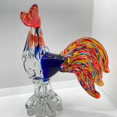 LOT 123K: Vintage Murano Art Glass Large Rooster 11” Orange, Blue, Yellow & Teal Italy