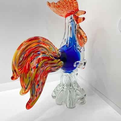 LOT 123K: Vintage Murano Art Glass Large Rooster 11” Orange, Blue, Yellow & Teal Italy