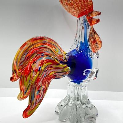LOT 123K: Vintage Murano Art Glass Large Rooster 11” Orange, Blue, Yellow & Teal Italy