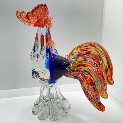 LOT 123K: Vintage Murano Art Glass Large Rooster 11” Orange, Blue, Yellow & Teal Italy