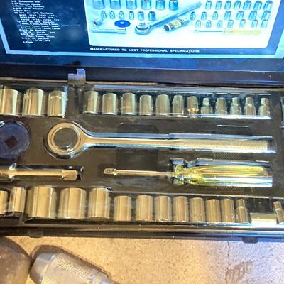 LOT 124G: Craftsman Sawmill Circular Saw in Original Box, Vintage Craftsman Meta Toolbox with Contents, Sledgehammer, Pittsburgh Socket...