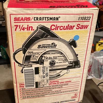 LOT 124G: Craftsman Sawmill Circular Saw in Original Box, Vintage Craftsman Meta Toolbox with Contents, Sledgehammer, Pittsburgh Socket...