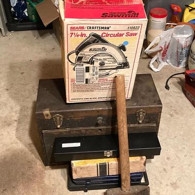 LOT 124G: Craftsman Sawmill Circular Saw in Original Box, Vintage Craftsman Meta Toolbox with Contents, Sledgehammer, Pittsburgh Socket...
