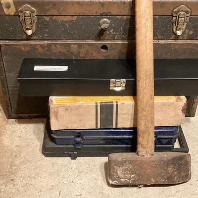 LOT 124G: Craftsman Sawmill Circular Saw in Original Box, Vintage Craftsman Meta Toolbox with Contents, Sledgehammer, Pittsburgh Socket...