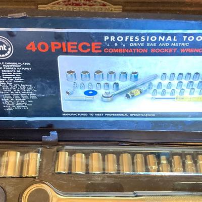 LOT 124G: Craftsman Sawmill Circular Saw in Original Box, Vintage Craftsman Meta Toolbox with Contents, Sledgehammer, Pittsburgh Socket...