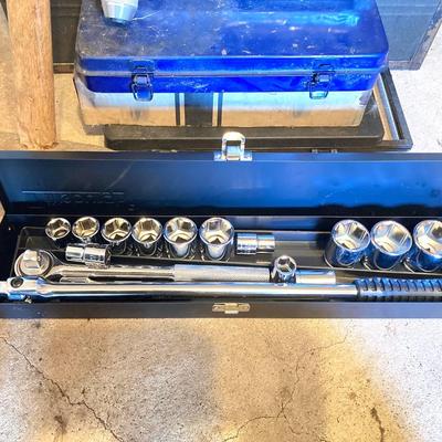 LOT 124G: Craftsman Sawmill Circular Saw in Original Box, Vintage Craftsman Meta Toolbox with Contents, Sledgehammer, Pittsburgh Socket...