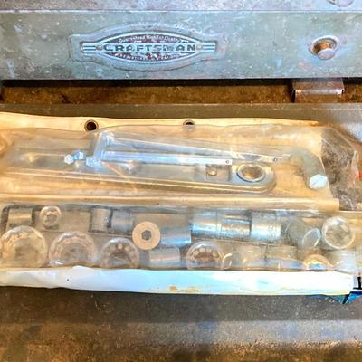 LOT 124G: Craftsman Sawmill Circular Saw in Original Box, Vintage Craftsman Meta Toolbox with Contents, Sledgehammer, Pittsburgh Socket...