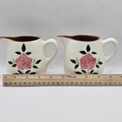 LOT 137K: Stangl Pottery Wild Rose Serving Set Including 1 Large Pitcher, 2 Small Pitchers, Salt and Pepper Shakers, and Vinager and Oil...