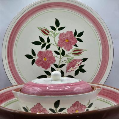 LOT 141K: Stangl Pottery Wild Rose Large Serving Platter, Large Serving Bowl, and Covered Bowl