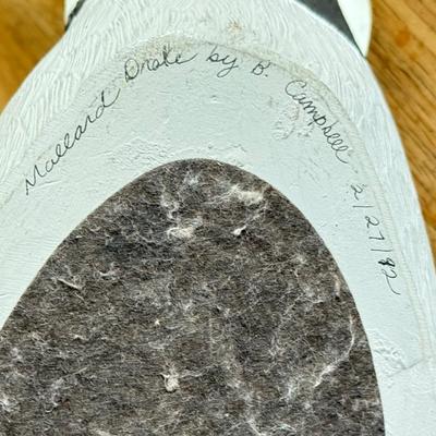 LOT 143K: 1992 Mallard Drake Hand Painted Wood Decoy Duck by B Campbell