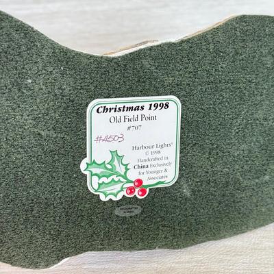 LOT 146K: 1998 Christmas Old Field Point Harbor Lights Lighthouse #707 w/ Harbor Lights Lighthouses: Alcatraz Island California #417...