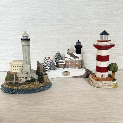 LOT 146K: 1998 Christmas Old Field Point Harbor Lights Lighthouse #707 w/ Harbor Lights Lighthouses: Alcatraz Island California #417...