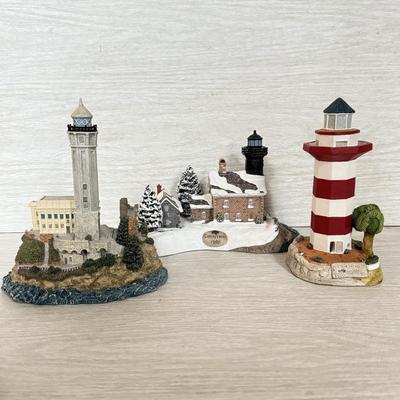 LOT 146K: 1998 Christmas Old Field Point Harbor Lights Lighthouse #707 w/ Harbor Lights Lighthouses: Alcatraz Island California #417...