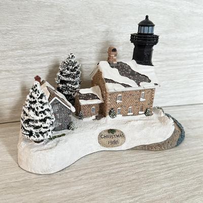 LOT 146K: 1998 Christmas Old Field Point Harbor Lights Lighthouse #707 w/ Harbor Lights Lighthouses: Alcatraz Island California #417...