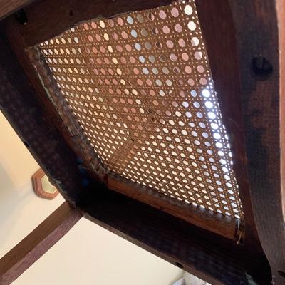 LOT 244 Z: Vintage Hand Carved Cane Seat Chair & Cross Stitched Pillow