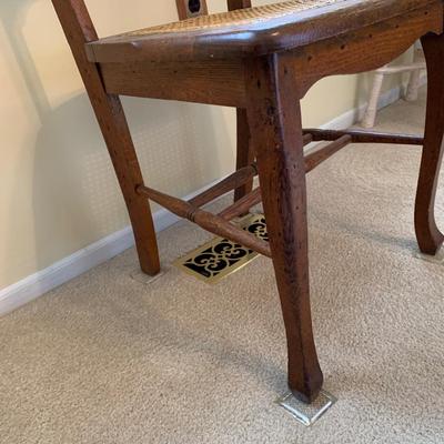 LOT 244 Z: Vintage Hand Carved Cane Seat Chair & Cross Stitched Pillow