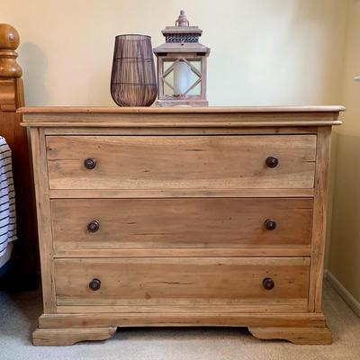 LOT 245 Z: Raw Wood 3 Drawer Dresser w/ Decor