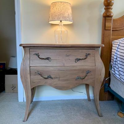 LOT 248 Z: 2 Drawer Raw Wood Side Table w/ Glass Lamp