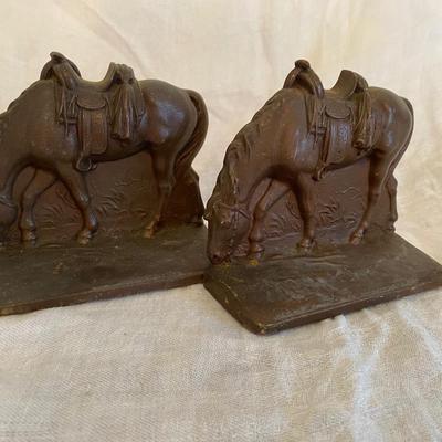 Vintage Cast Metal Grazing Horse Bookends Equestrian