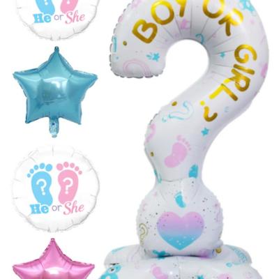 Gender Reveal Mylar Balloon Kit - 60" "Boy or Girl?" Standing Balloon w/"He or She" Round Balloons & 2 Star...