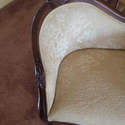Vintage Mahogany Wood Framed Upholstered Gossip Chair Phone Table