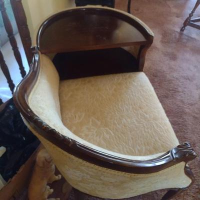 Vintage Mahogany Wood Framed Upholstered Gossip Chair Phone Table
