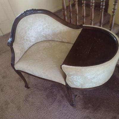 Vintage Mahogany Wood Framed Upholstered Gossip Chair Phone Table