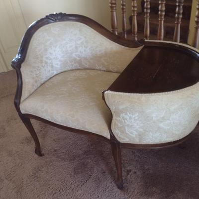Vintage Mahogany Wood Framed Upholstered Gossip Chair Phone Table