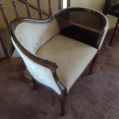 Vintage Mahogany Wood Framed Upholstered Gossip Chair Phone Table