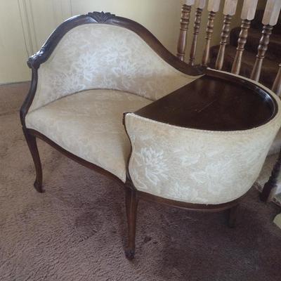 Vintage Mahogany Wood Framed Upholstered Gossip Chair Phone Table