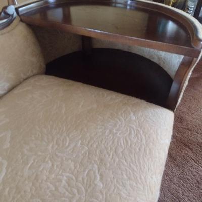 Vintage Mahogany Wood Framed Upholstered Gossip Chair Phone Table