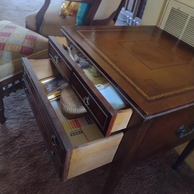 Mid Century Double Drawer Leather Inlay Top End Table