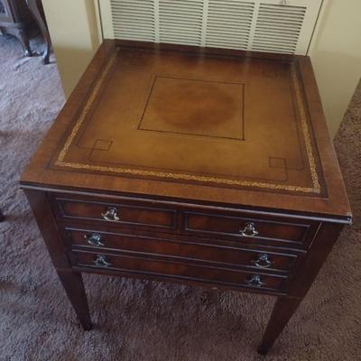 Mid Century Double Drawer Leather Inlay Top End Table