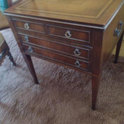 Mid Century Double Drawer Leather Inlay Top End Table