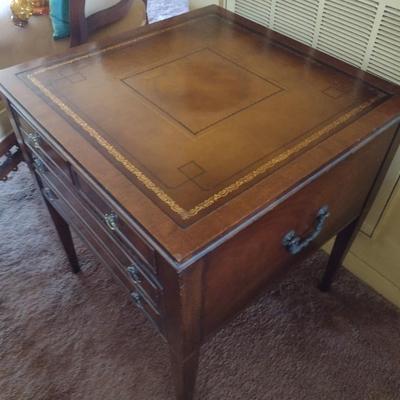 Mid Century Double Drawer Leather Inlay Top End Table