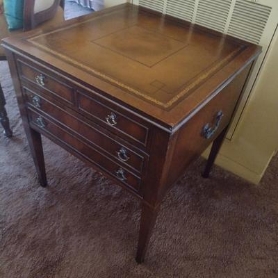 Mid Century Double Drawer Leather Inlay Top End Table