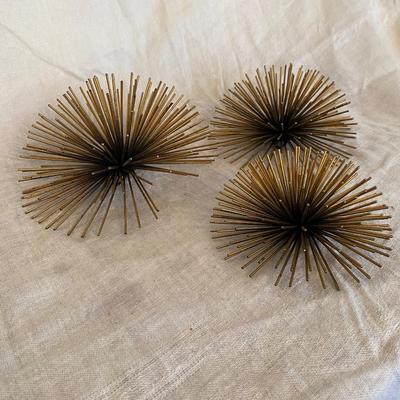 Set Of 3 Bronze Sea Urchin Decor Metal s Wall Burst MCM Style