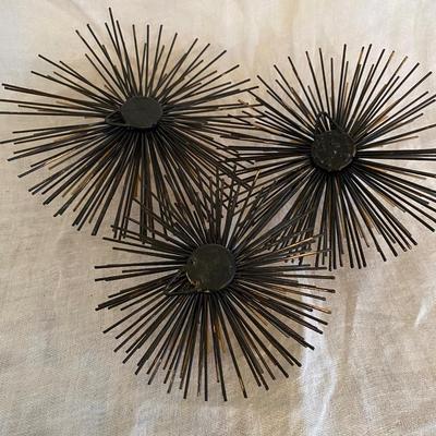 Set Of 3 Bronze Sea Urchin Decor Metal s Wall Burst MCM Style