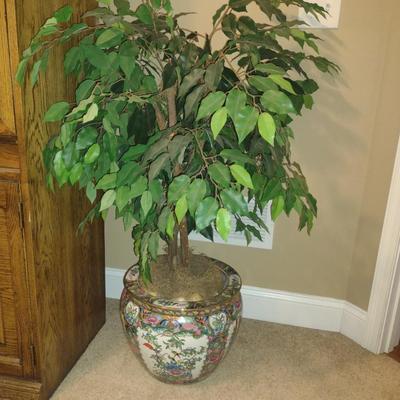 Colorful Asian Design Porcelain Planter with Artificial Ficus Tree